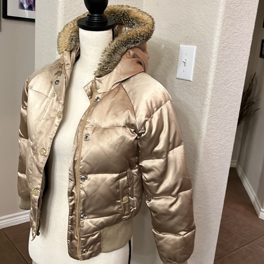 Old Navy tan/gold shiny puffer jacket with faux fur lined hood Size S